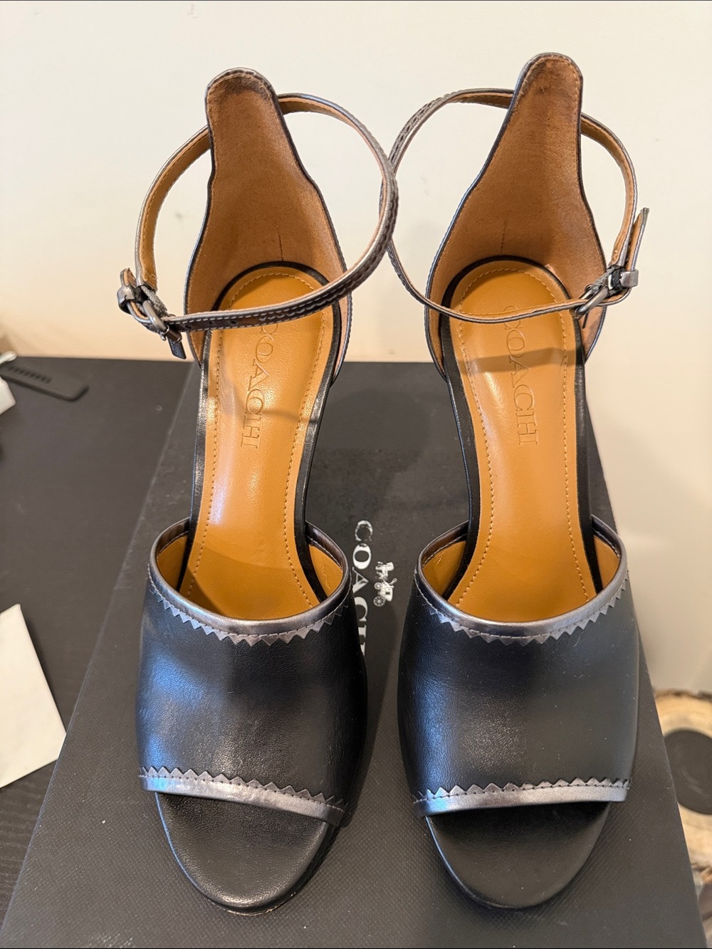 Coach Jordan Mat .  Black Leather Open-Toe Ankle-Strap Heels with Silver Trim